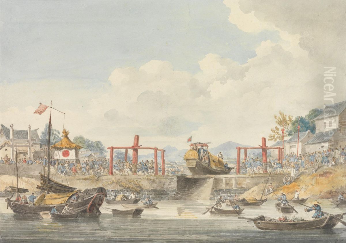 Barges of the Embassy Being Raised from One Canal to Another on Their Way from Han-Tcheou-Foo to Tchu-San, 16 November 1793 Oil Painting by William Alexander