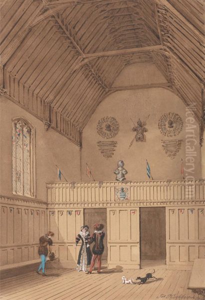 Raftered Hall with Figures in 16th Century Dress Oil Painting by James Pattison Cockburn