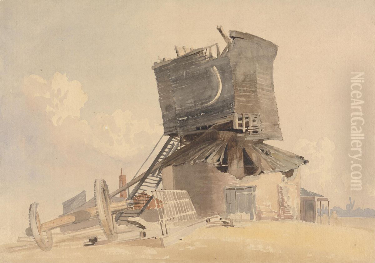 A Storm Damaged Windmill Oil Painting by John Middleton