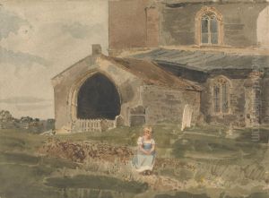 Young Girl Sitting on a Bank outside a Church