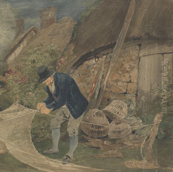 An Old Fisherman Repairing Nets with a Cottage in the Background Oil Painting by John Thirtle