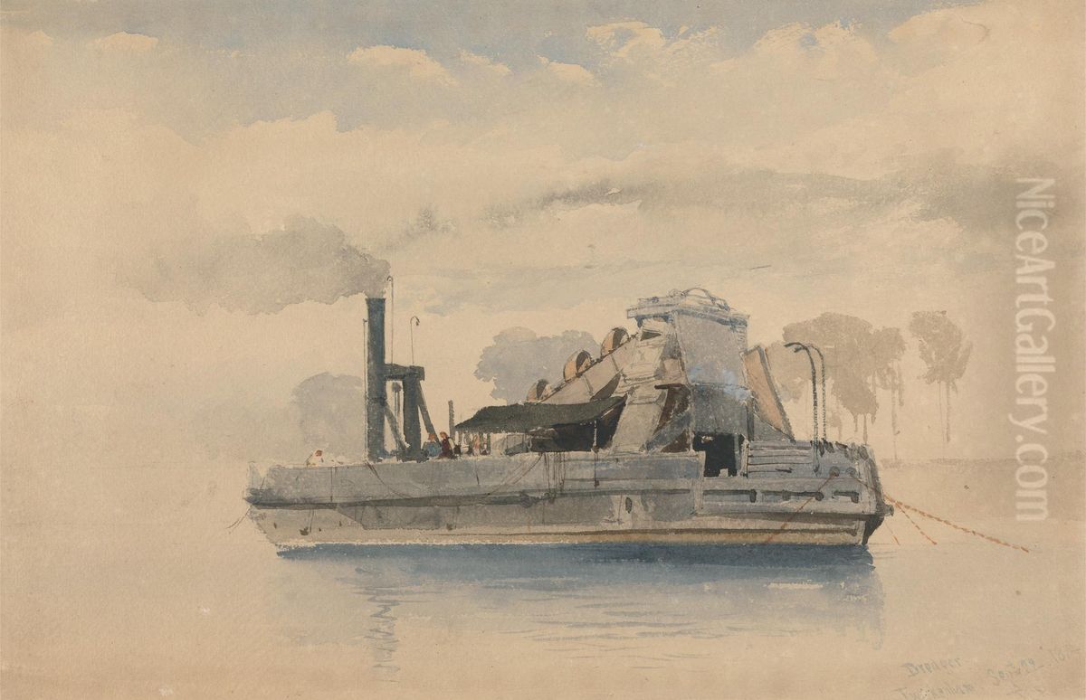 Dredger at Twickenham, September 22, 1874 Oil Painting by Thomas Charles Leeson Rowbotham