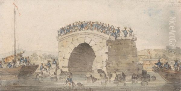 Remains of a Bridge at San-Sien-Wey on the Pei-Ho near Tong-Tcheou, August 15, 1793 Oil Painting by William Alexander