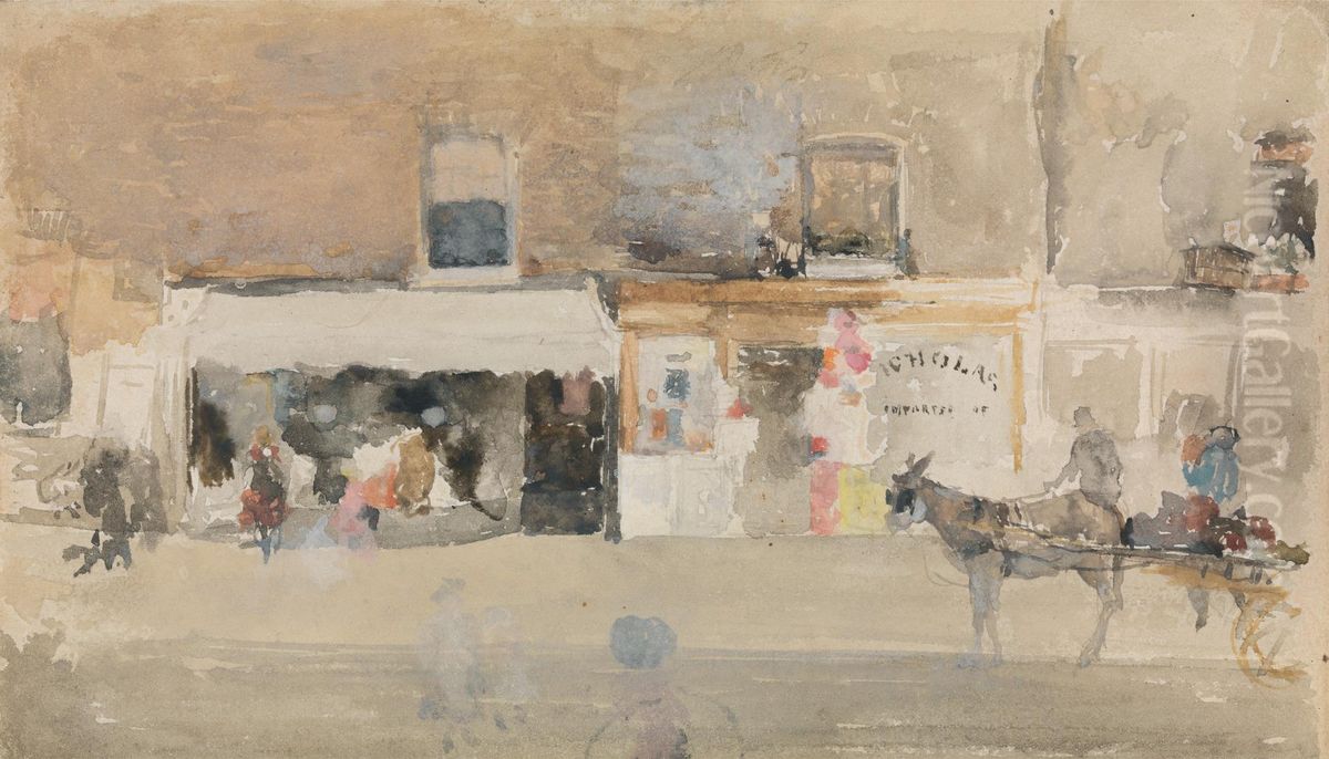 Street Scene in Chelsea, possibly depicting the Tobacconist, J. W. Nicholas, located at No. 75, Cheyne Walk Oil Painting by James McNeill Whistler