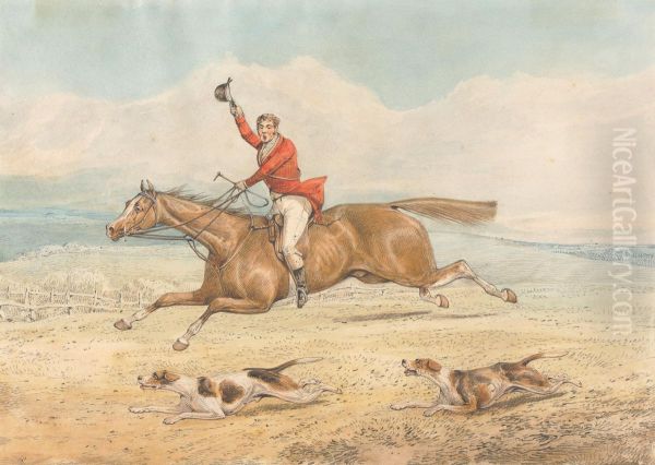 A Whipper-In and a Couple of Hounds Running Hard in Open Country Oil Painting by Henry Thomas Alken