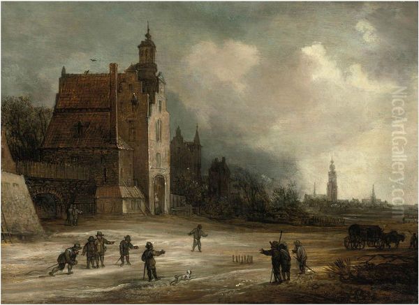 Soldiers playing skittles on a road by a manor house, a view of Breda beyondorView of the Schiedamse Poort of Delft; in the foreground peasants playing skittles, in the background two churches Oil Painting by Frans de Momper