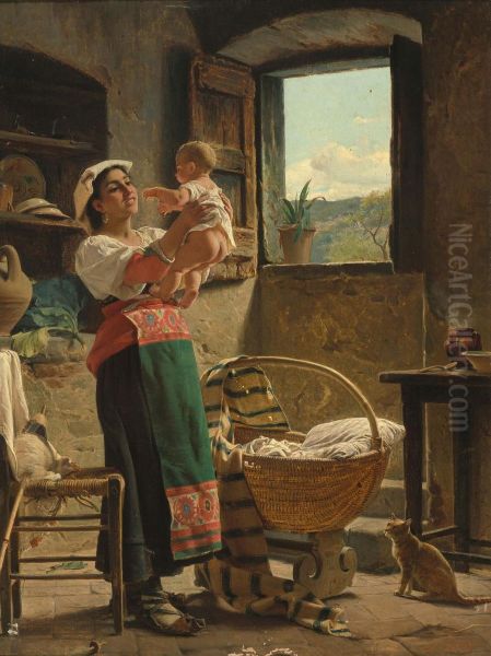 Mother's happiness Oil Painting by Luigi Bechi