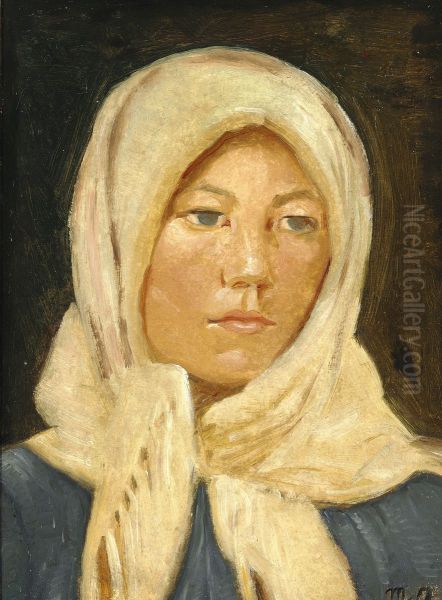 Young woman from Skagen, wearing a scarf. Oil Painting by Michael Peter Ancher