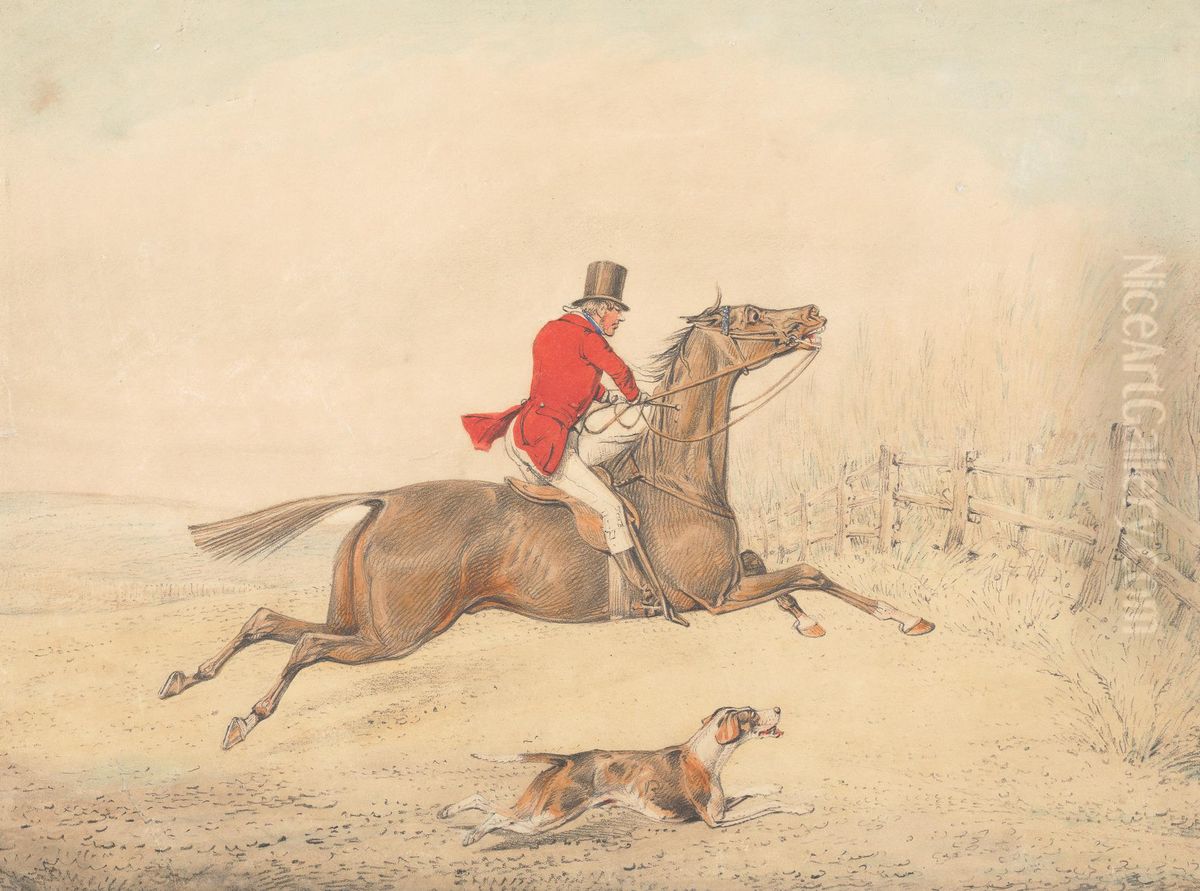 Rider on a Brown Horse About to Jump a Rail Fence to the Right Oil Painting by Henry Thomas Alken