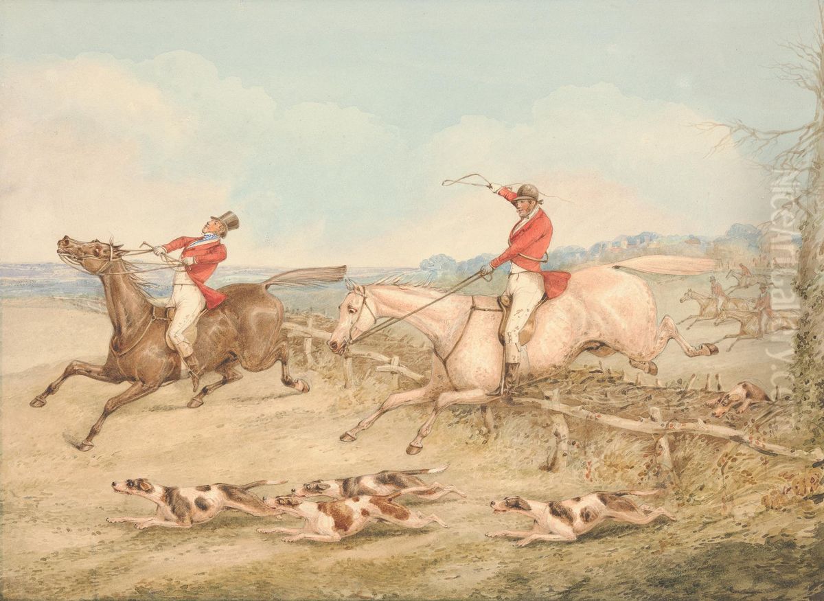 Jumping a Double Oxer - A Rider in Difficulties Oil Painting by Henry Thomas Alken