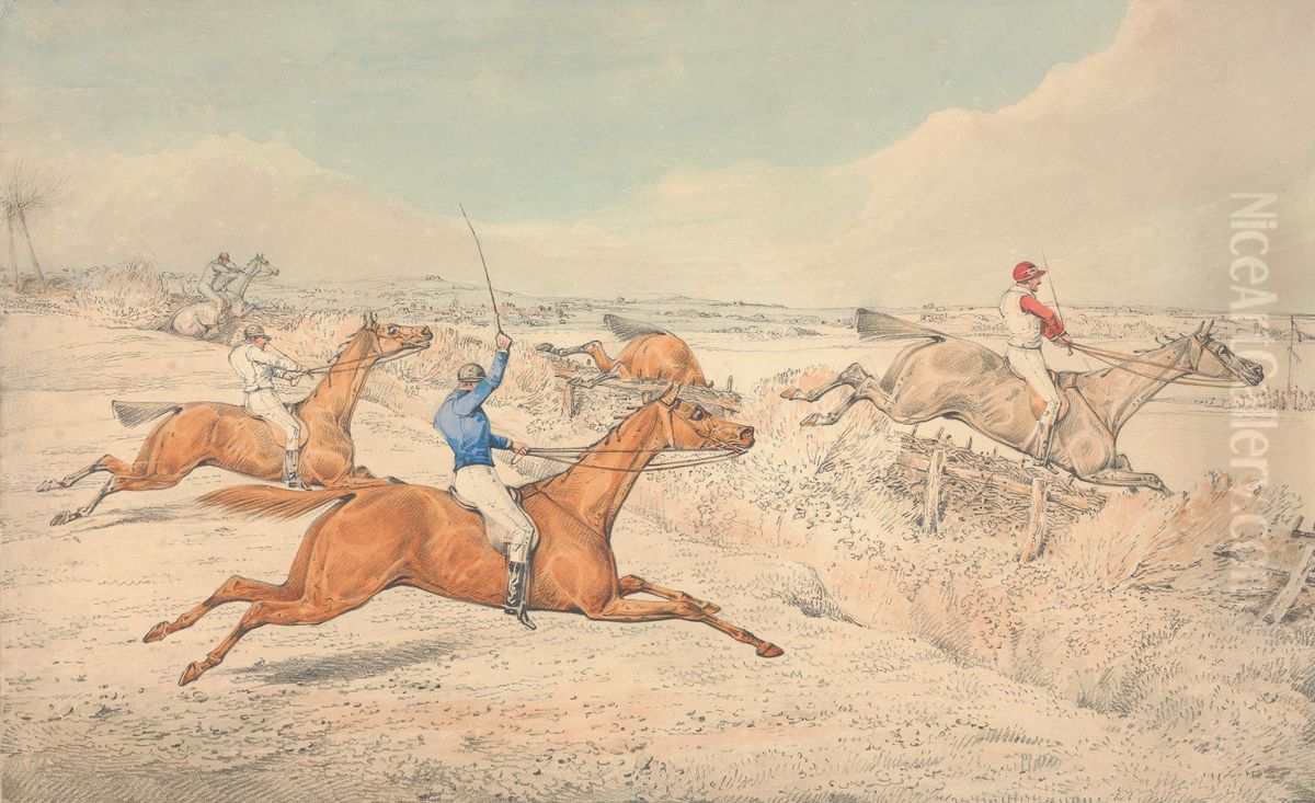 Four Riders Taking a Ditch and an Oxer Oil Painting by Henry Thomas Alken