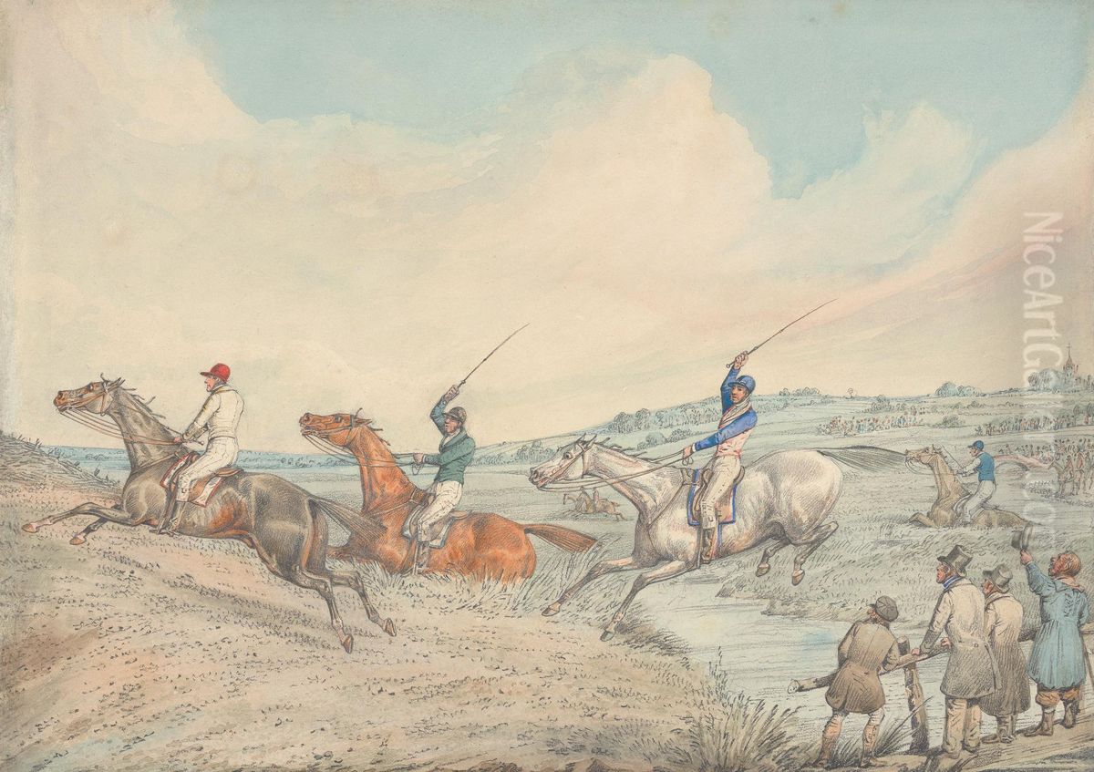Three Riders Taking a Brook, Spectators on Right Oil Painting by Henry Thomas Alken