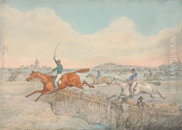 Two Riders Taking a Wooden Fence Oil Painting by Henry Thomas Alken