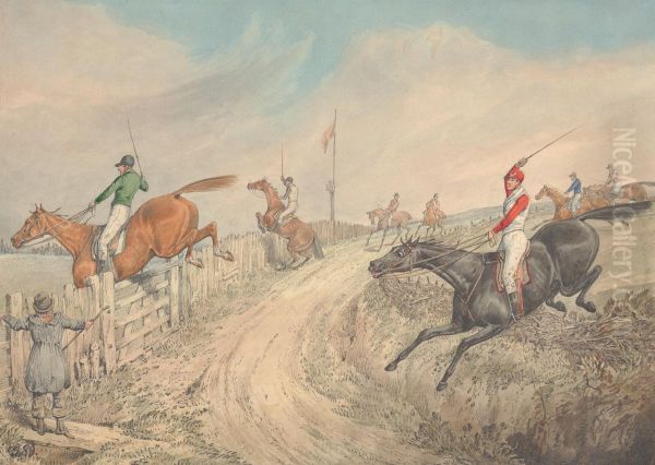 The Field Jumping Into and Out of a Lane Oil Painting by Henry Thomas Alken