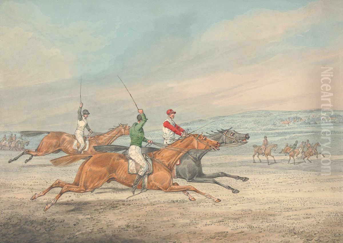 Three Riders Galloping to Right, Mounted Spectators in Background Oil Painting by Henry Thomas Alken