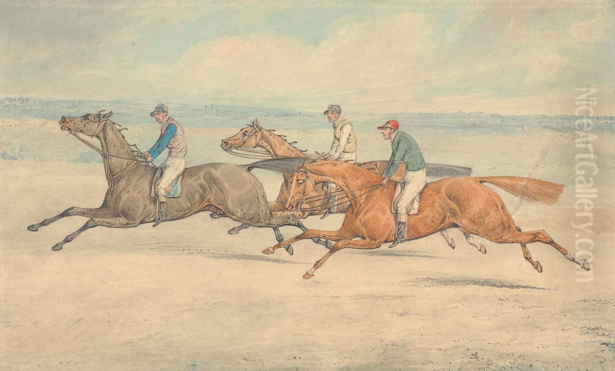 Three Racehorses with Jockeys Up Galloping in a Group to Left Oil Painting by Henry Thomas Alken