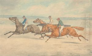 Three Racehorses with Jockeys Up Galloping in a Group to Left