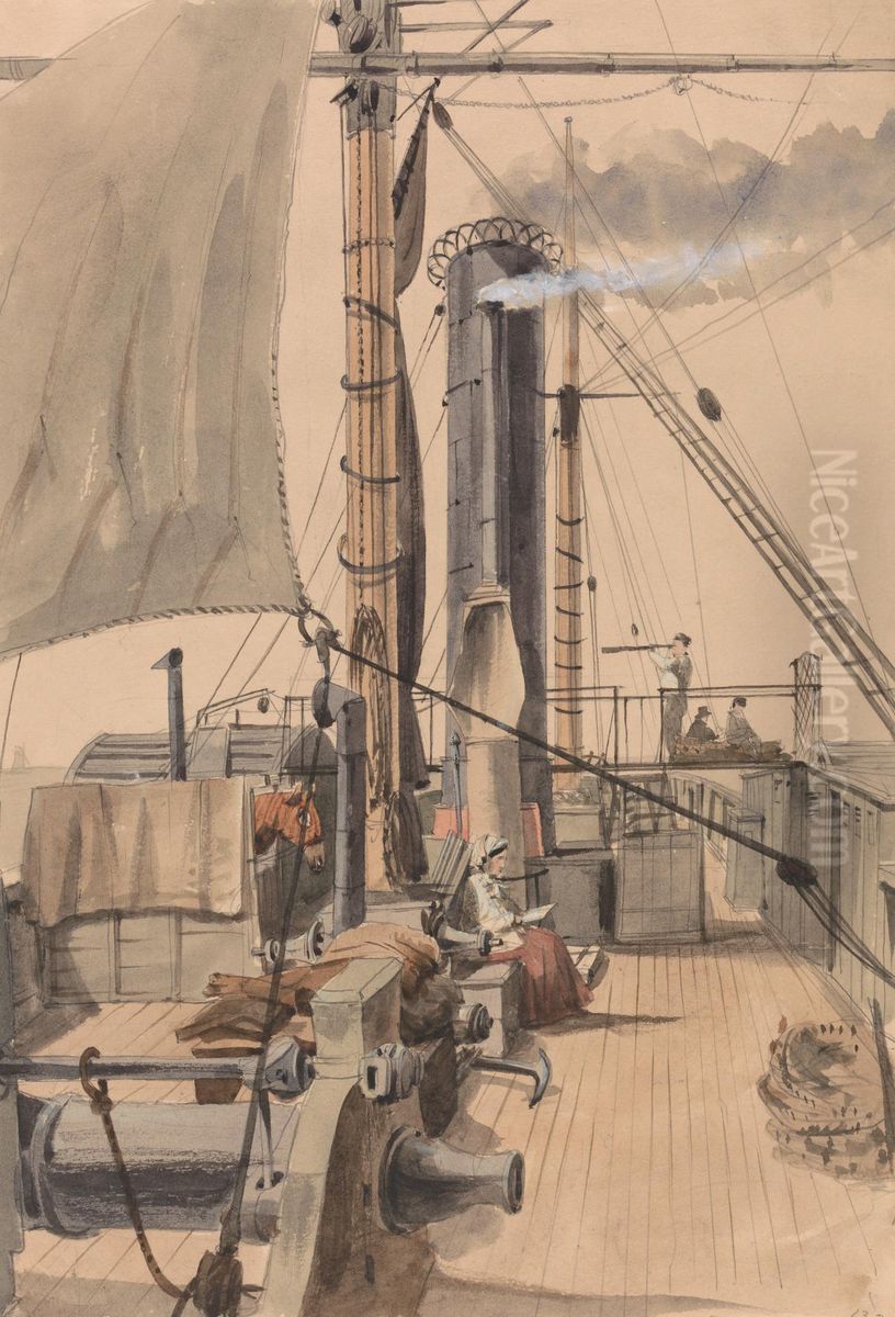 Deck of a Paddle Steamer With a Girl Reading and a Horse Travelling in a Loose-Box Oil Painting by Allen Edward Everitt