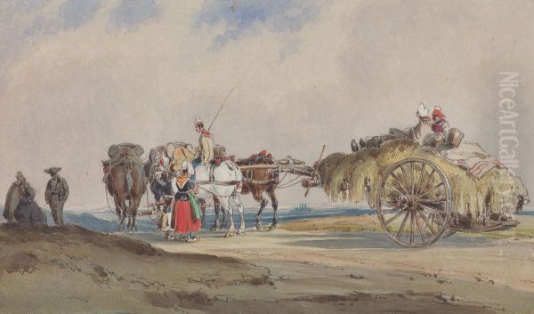 A Hay Cart Drawn by Four Horses Oil Painting by Charles Cooper Henderson