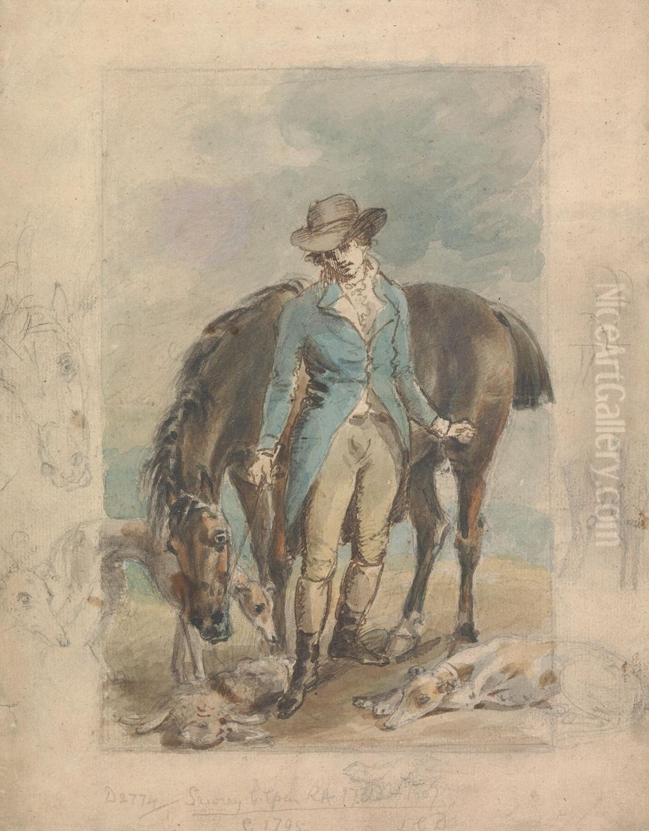 A Young Man with a Horse, with Studies of Hounds and Dead Hare Oil Painting by John Hoppner
