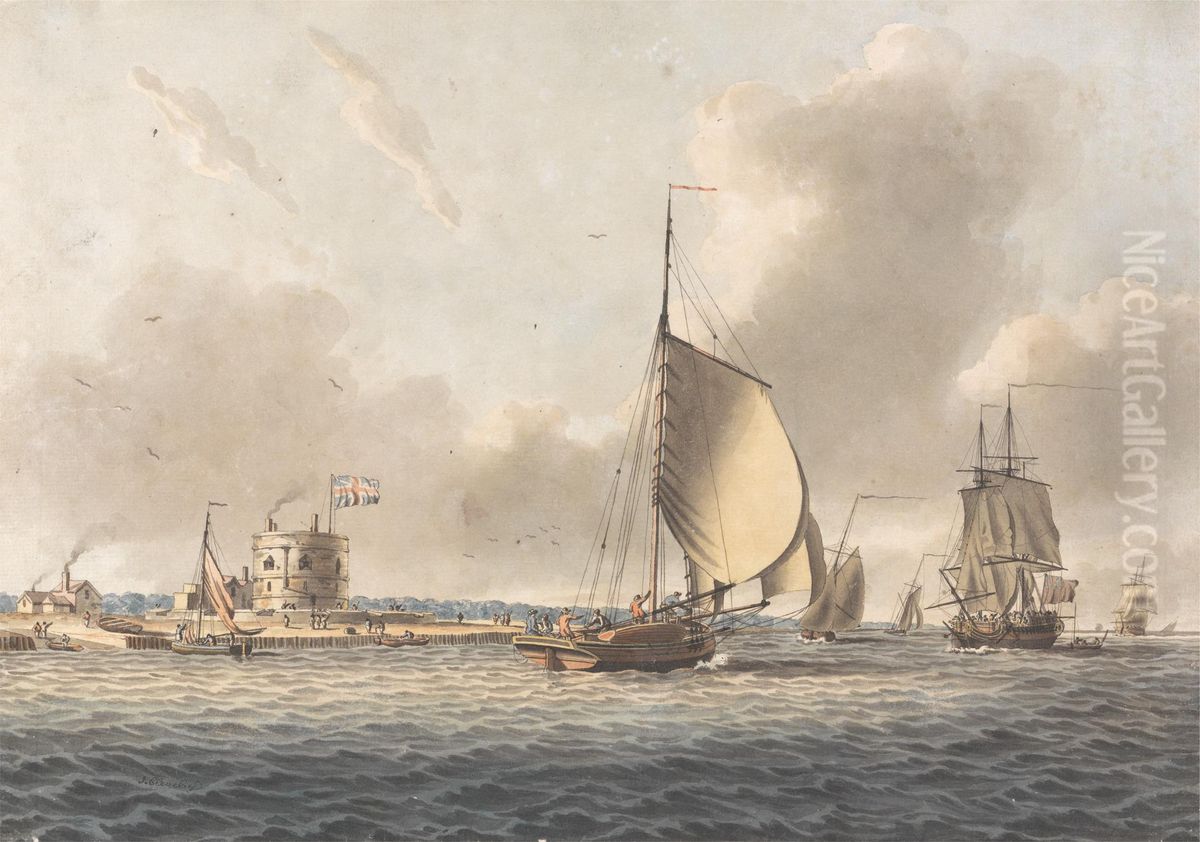An English Frigate and Other Shipping in the Solent off Calshot Castle Oil Painting by John Cleveley the Younger