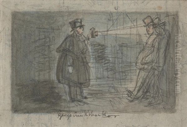 Watchman shining a torch on a Drunken Figure Oil Painting by George Cruikshank