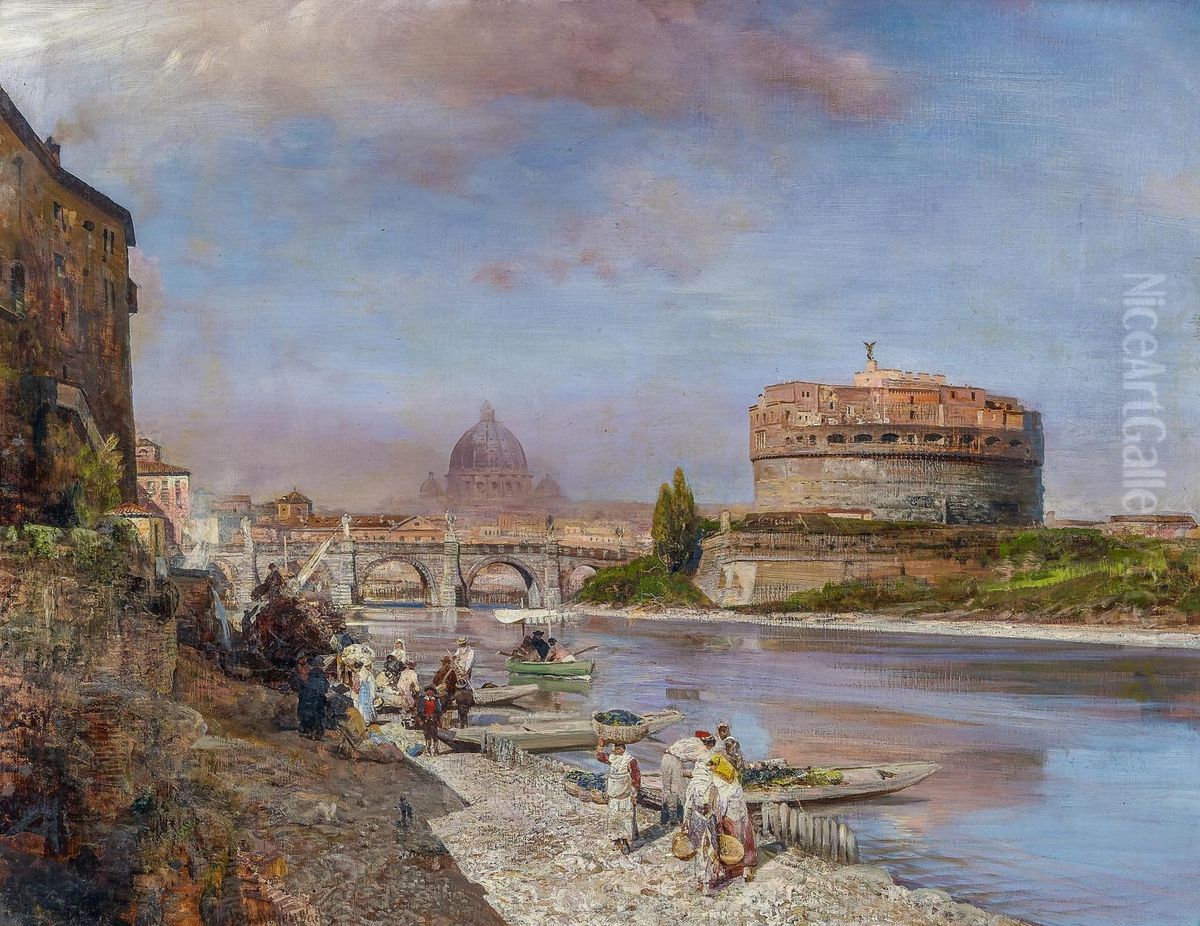 Am Ufer des Tiber in Rom. Blick auf die Engelsburg und die Kuppel des Vatikans. Oil Painting by Oswald Achenbach