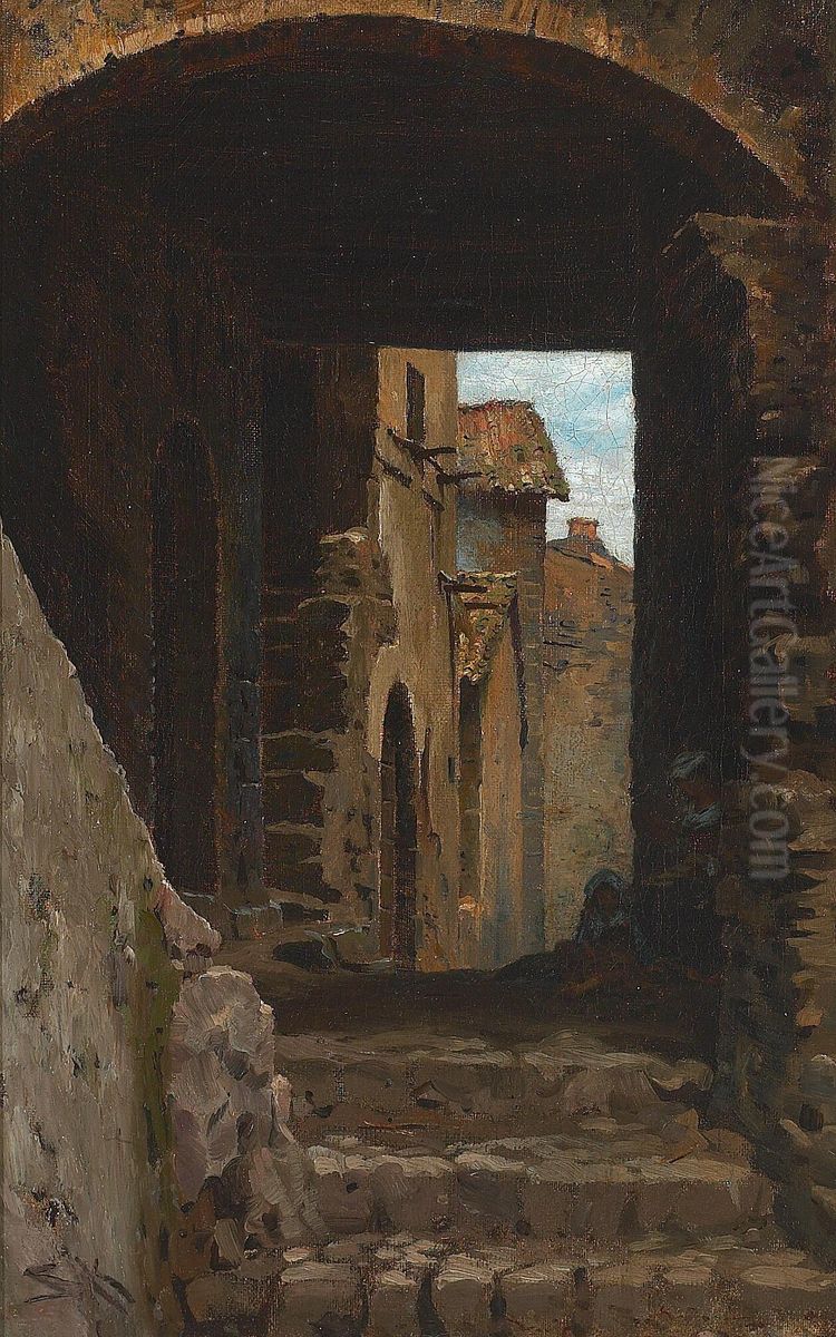 Snaever gade med siddende kvinde og barn, Torello. Oil Painting by Peder Severin Kroyer