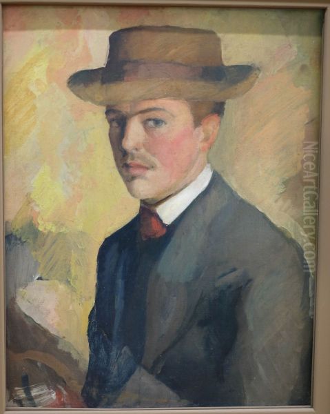 Selbstbildnis mit Hut by August Macke Oil Painting by August Macke