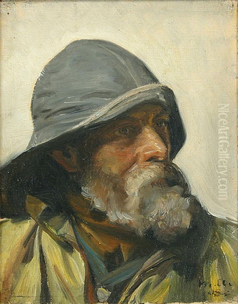 A fisherman wearing a sou'wester. Oil Painting by Michael Peter Ancher