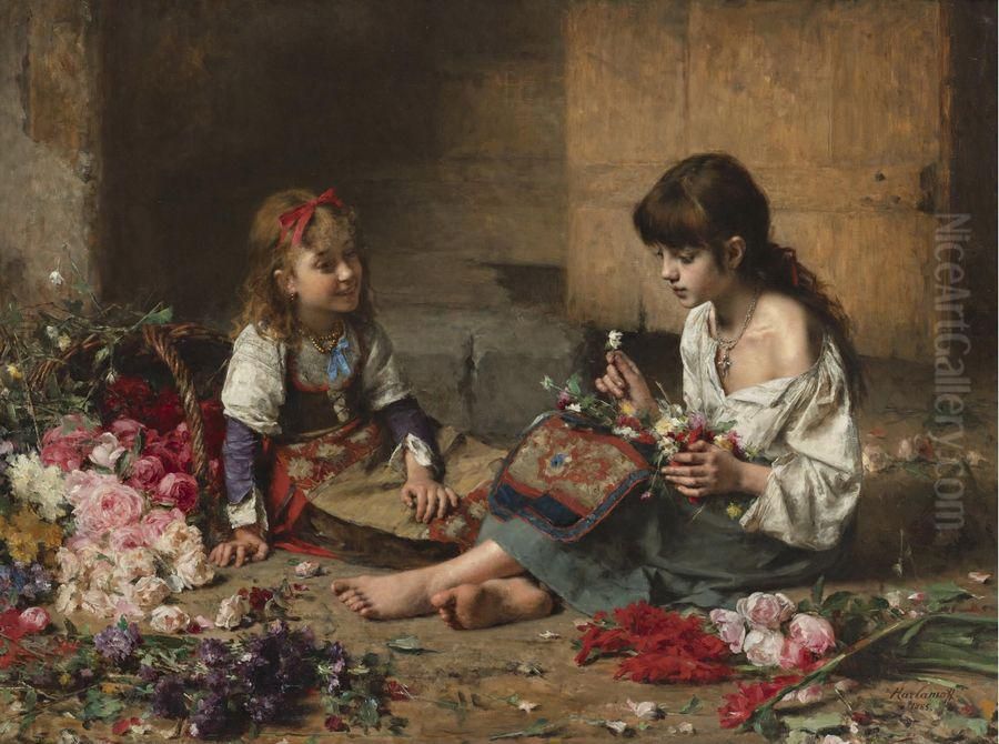 Young flower girls Oil Painting by Alexei Harlamov