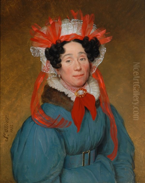 Portrait of a Lady with Red and White Bonnet Oil Painting by Augustine Cochet de Saint-Omer