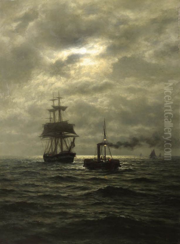 Tug and three-master in moonlight. Oil Painting by Wilhelm Xylander