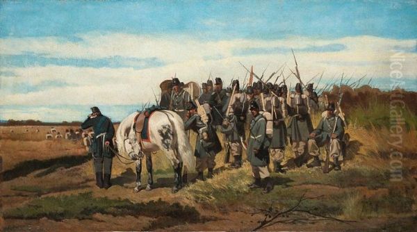 Infantry halt Oil Painting by Giovanni Fattori