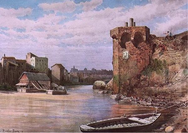 Avanzi Medioevali sull'isola tiberina (rione Ripa). Sullo sfondo uno dei mulini. Oil Painting by Ettore Roesler Franz