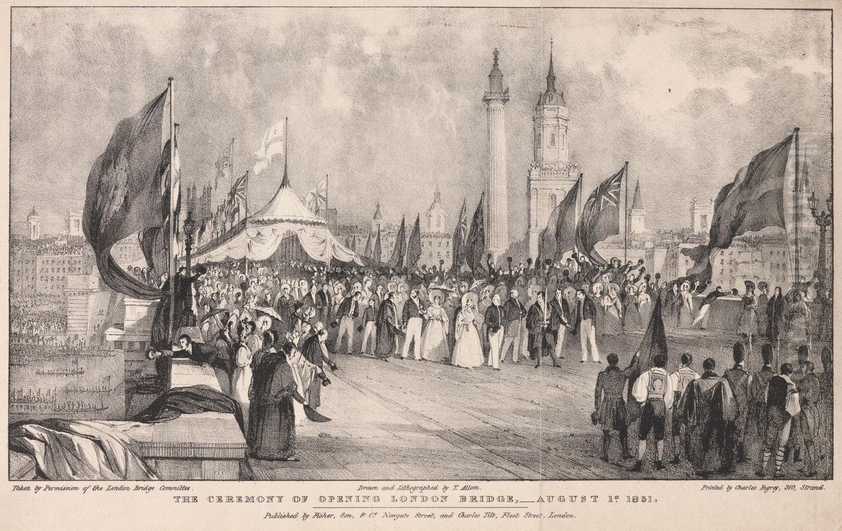 The Ceremony of Opening London Bridge with the Old London Bridge in the Background Oil Painting by Thomas Allom