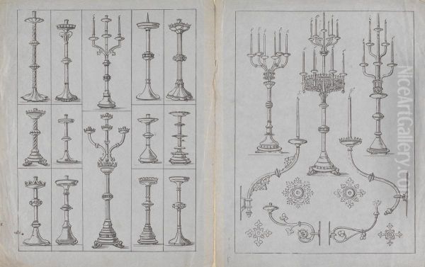 Designs for Gothic Candle Sticks and Branches Oil Painting by Augustus Pugin
