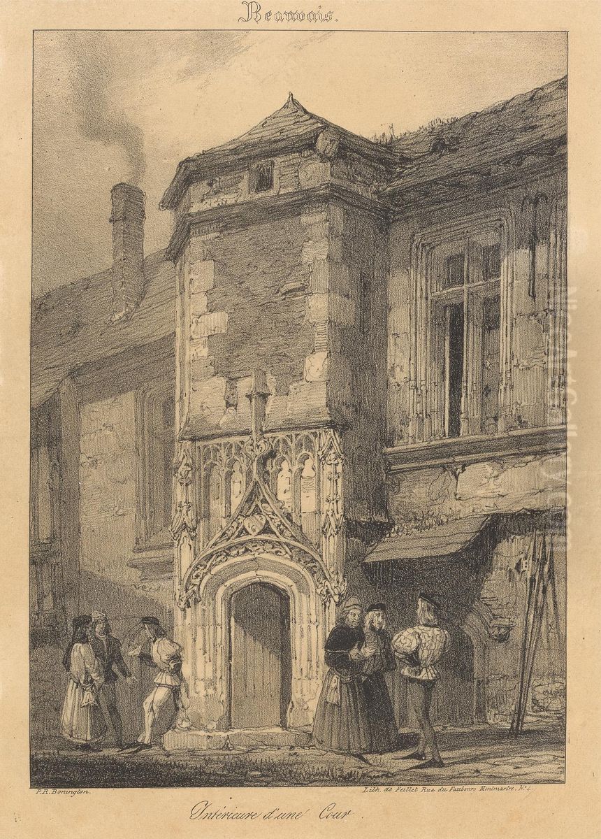Beauvais - interieur d'une cour Oil Painting by Richard Parkes Bonington