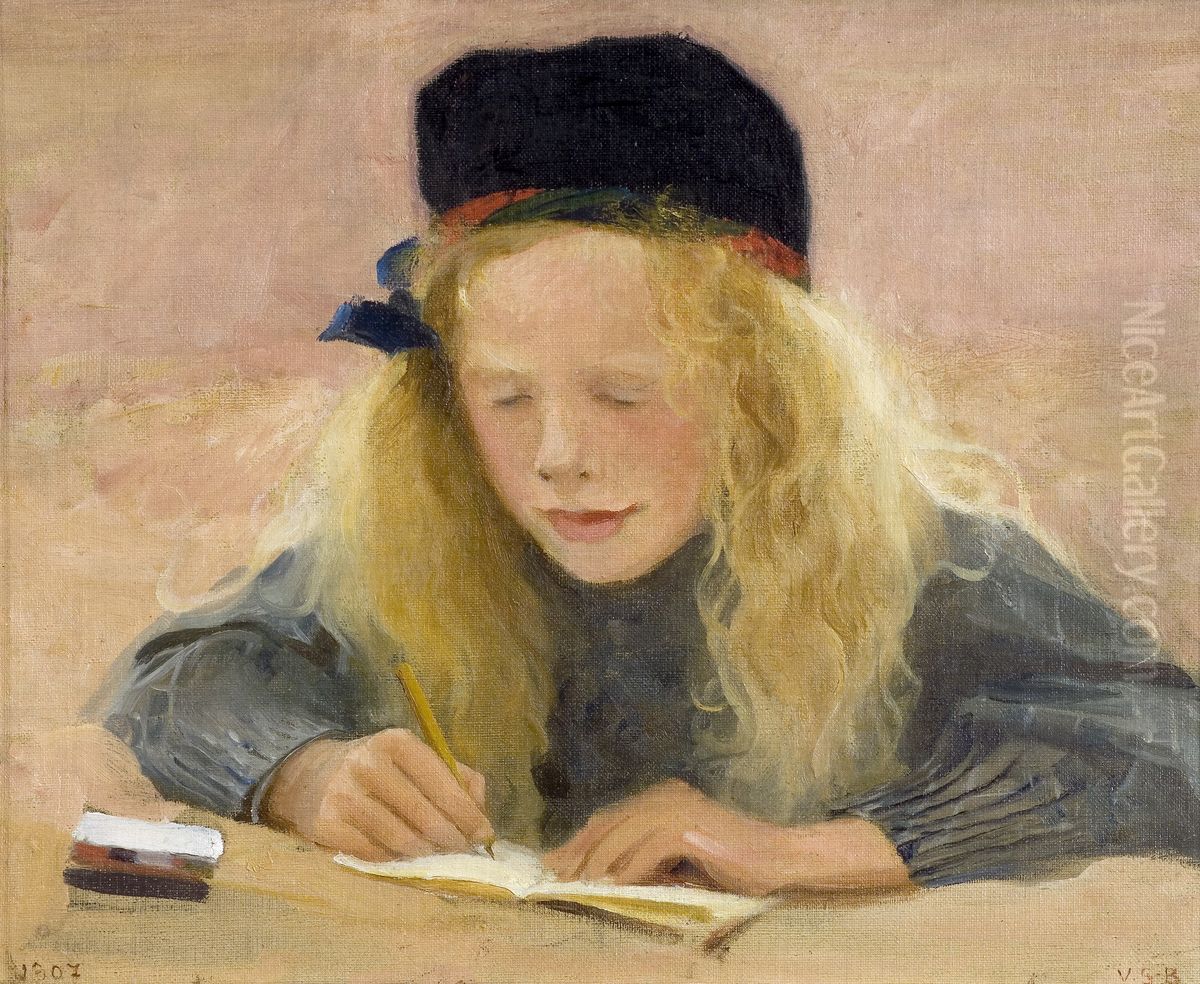 Antti piirtaa hiekassa Oil Painting by Venny Soldan-Brofeldt