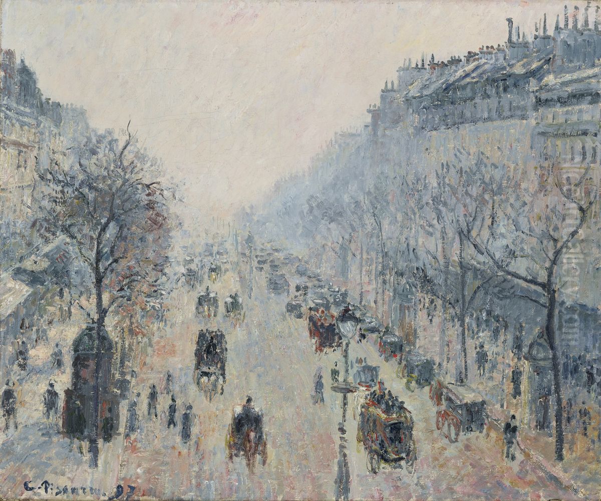 Boulevard Montmartre in the morning fog Oil Painting by Camille Pissarro