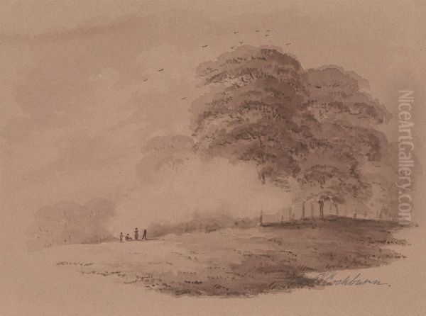 Group of Figures Round a Distant Bonfire in a Wood Oil Painting by James Pattison Cockburn