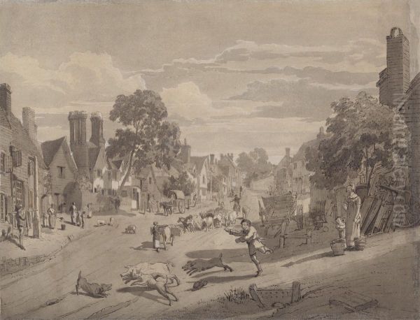 High Street at Bushey, Hertfordshire Oil Painting by Henry Monro