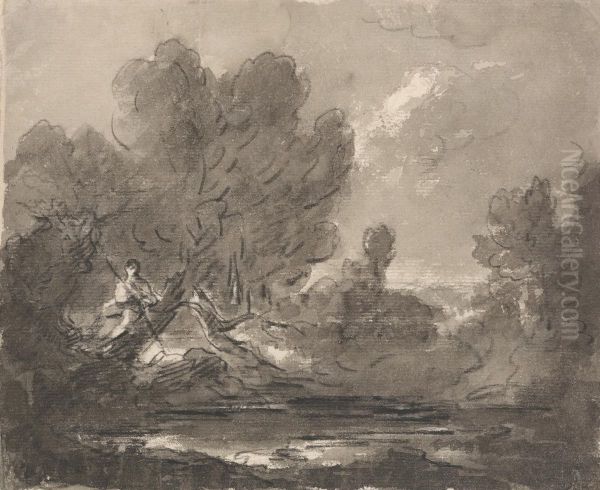 Figure in Tree near Pond Oil Painting by Sir George Beaumont, 7th Baronet