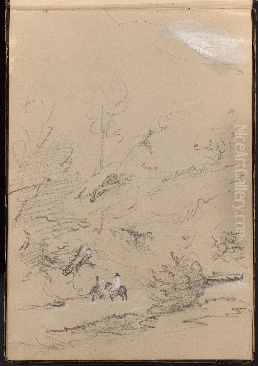 Two Men on Horses Crossing a Stream Oil Painting by William Brockedon