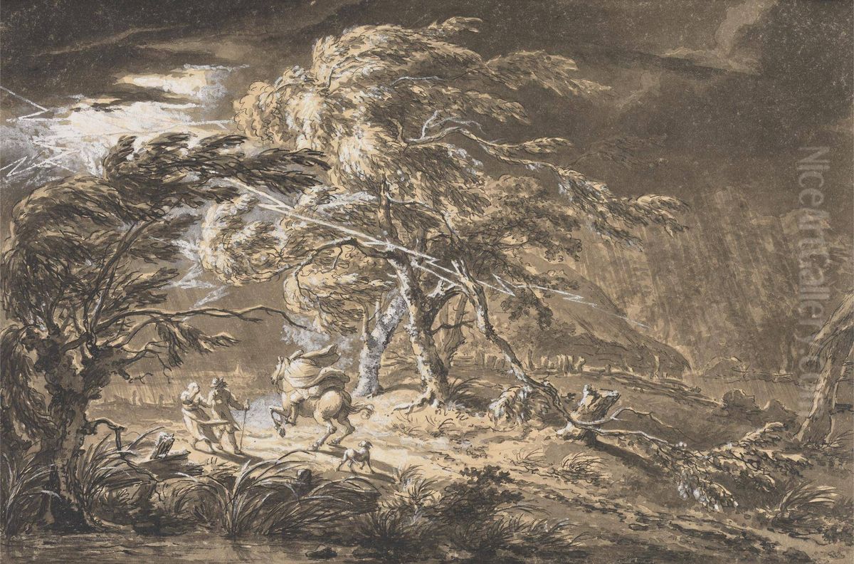 The Lightning Flash, Travellers in a Thunderstorm on a Woodland Road Oil Painting by George Barret, Sr.
