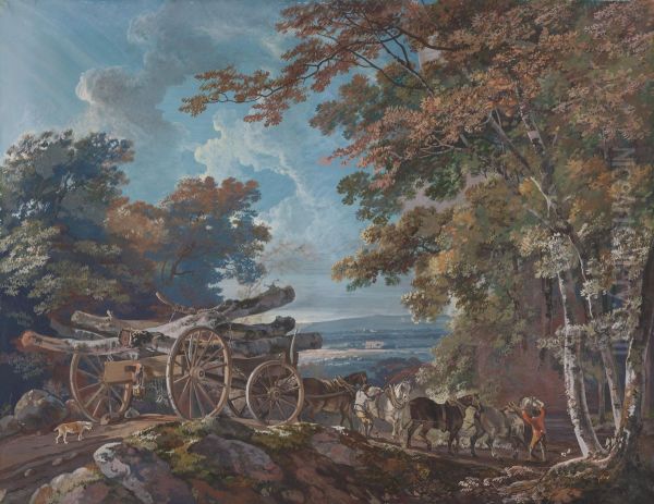 Timber Wain on a Rough Road (one of a pair) Oil Painting by George Barret, Sr.