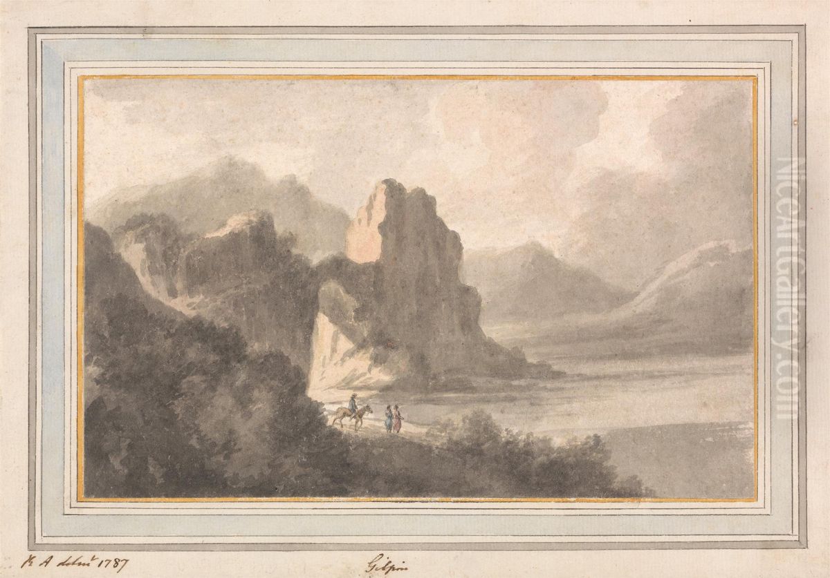 Figures in a Rocky Romantic Landscape Oil Painting by Robert Adam