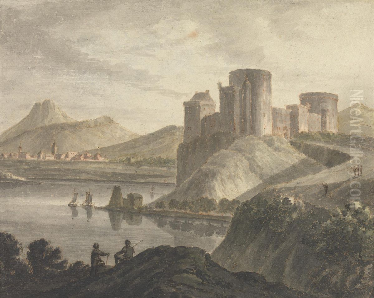 Castle with Figures in a Classical Landscape Oil Painting by Robert Adam