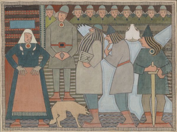Arrival of Vainamoinen, Ilmarinen and Lemminkainen at Pohjola Oil Painting by Joseph Alanen