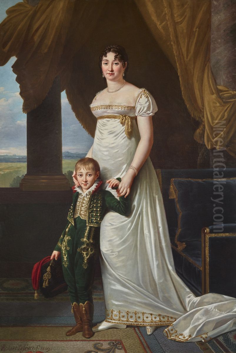 Portrait de la baronne Solignac avec son fils Jean-Baptiste-Eugene Oil Painting by Robert Lefevre